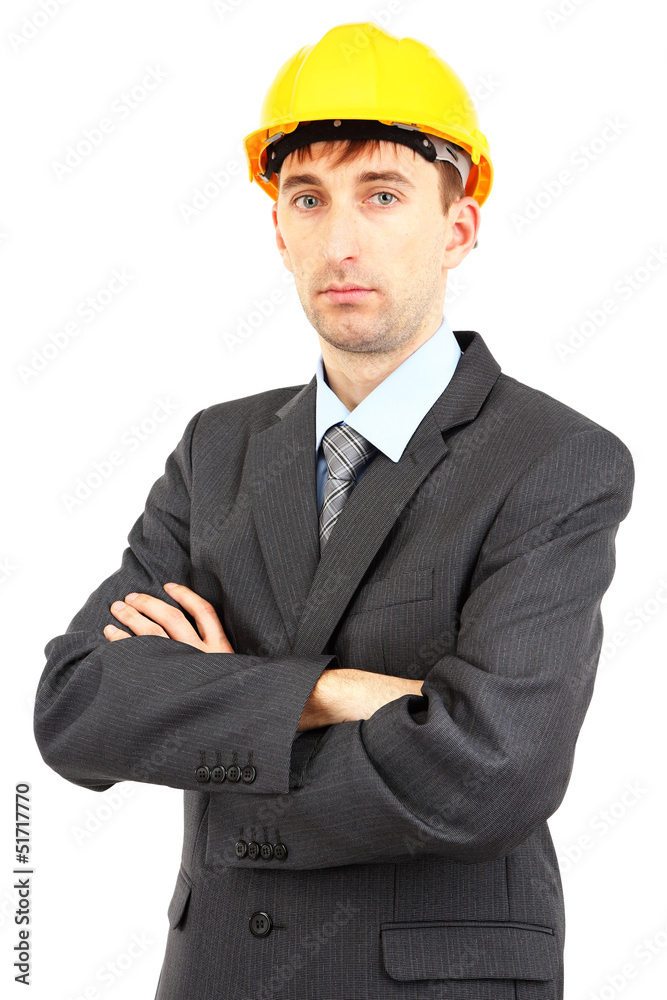 Young businessman in helmet isolated on white. Young businessman in helmet isolated on white.