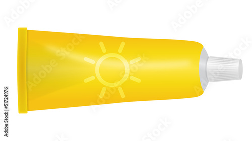 Gelbe Sonnencremetube mit Sonnen-Icon, Vektor und freigestellt