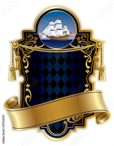 Gold-framed label with a ship