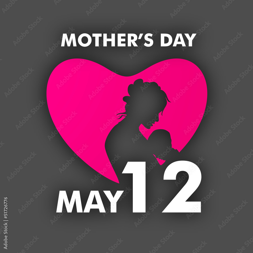 Silhouette of a mother with her child in pink heart with text Ma