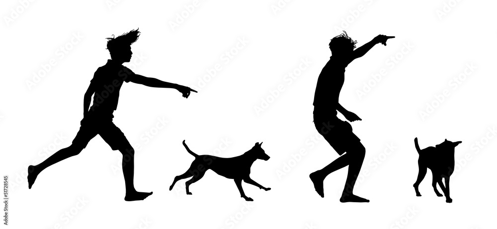 silhouettes of a boy playing with his dog silhouettes of a boy playing with his dog