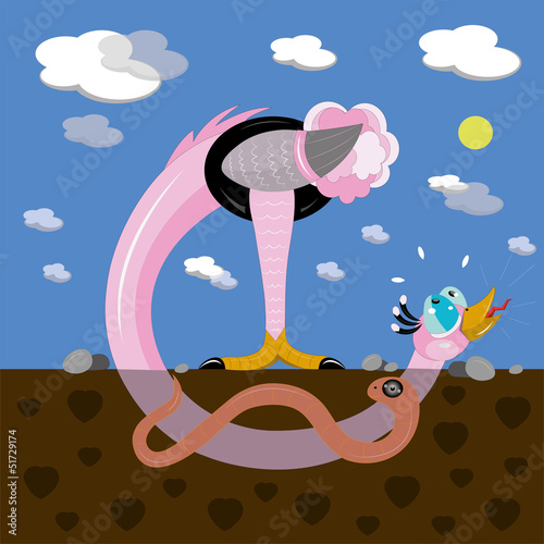 Ostrich and worm in love.