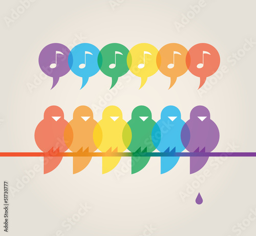 Singing rainbow birds family with musical notes and poop