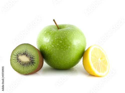 Isolated green apple, kiwi and yellow lemon