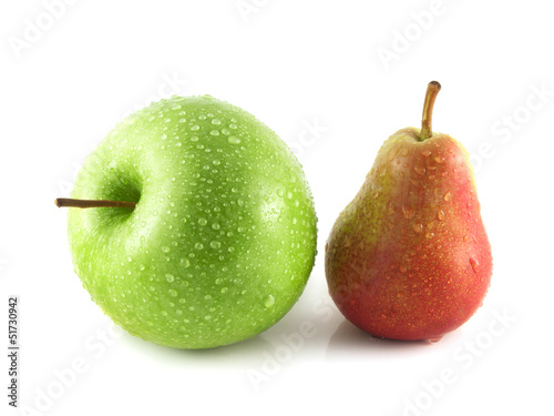 Ripe red pear with green apple on white