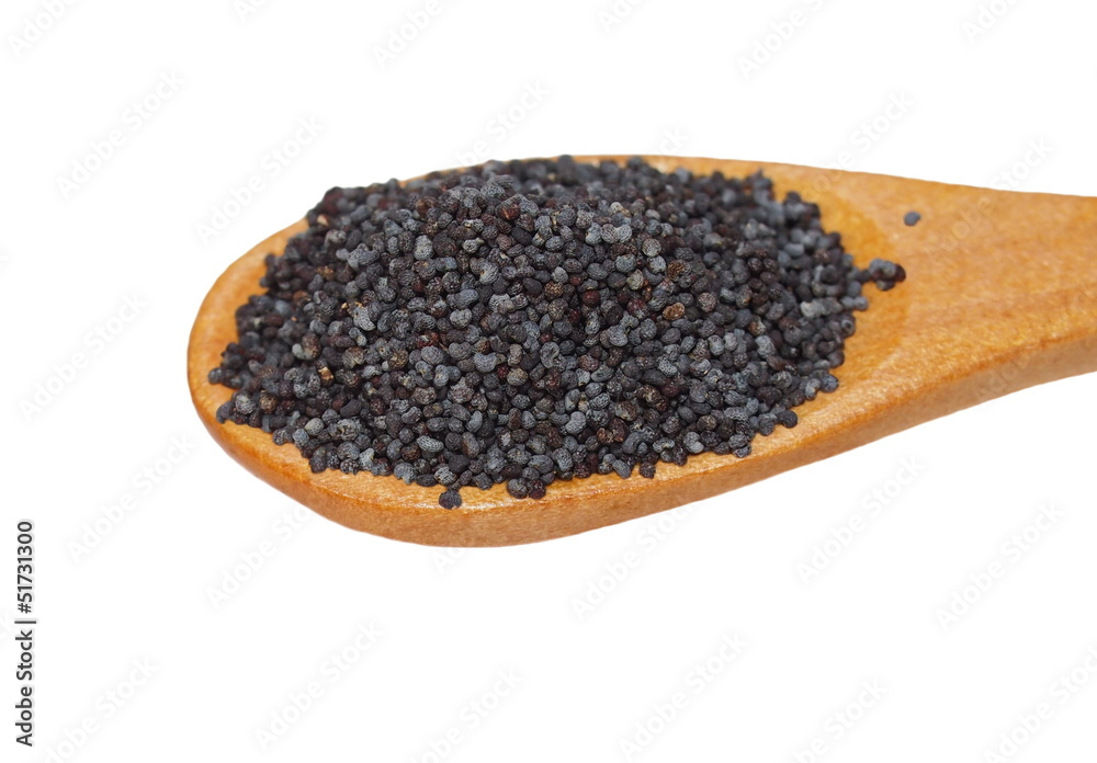 poppy seeds  with wooden spoon isolated on white background
