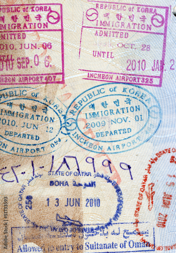 Background of passport stamps closeup