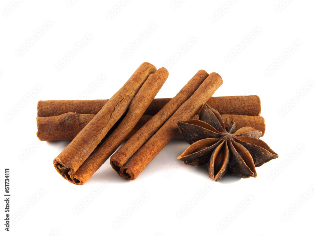 Cinnamon sticks and anise stars. Isolated. Cinnamon sticks and anise stars. Isolated.