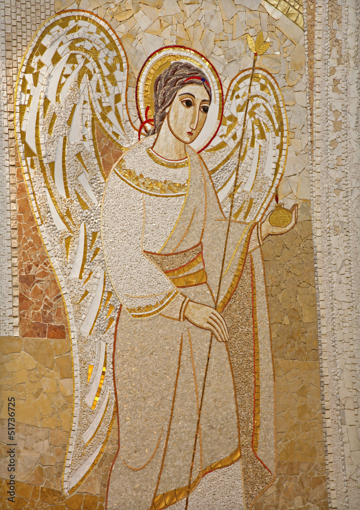 Madrid - Modern mosaic of angel in Almudena cathedral - obrazy, fototapety, plakaty 