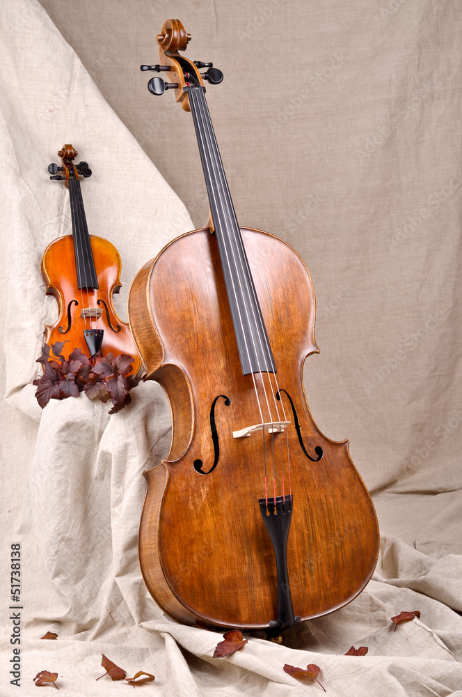 Naklejka premium violin and cello on the beige background