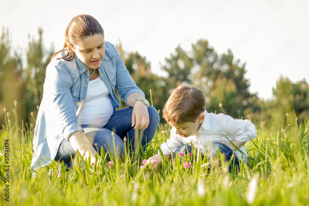 Pregnant mother and son picking flowers in a field Pregnant mother and son picking flowers in a field