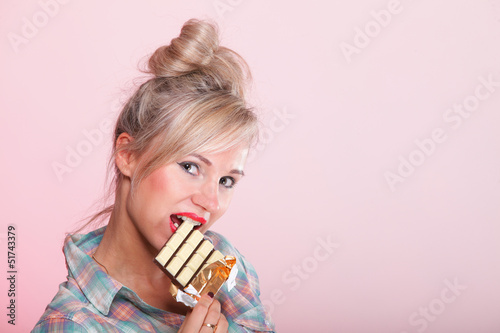 pinup girl Woman eating chocolate portrait