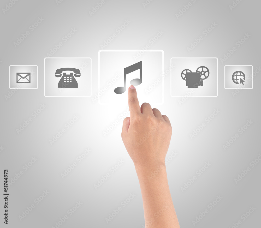 Hand touching media in modern touch screen Hand touching media in modern touch screen