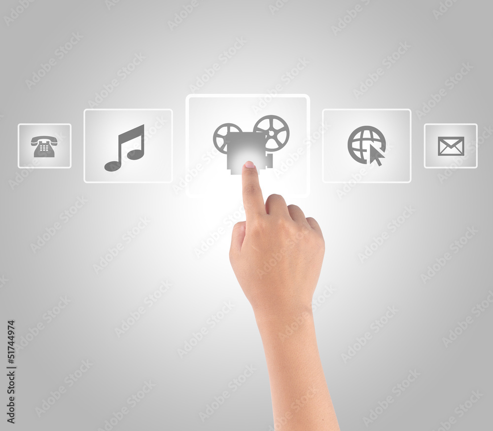 Hand touching media in modern touch screen Hand touching media in modern touch screen