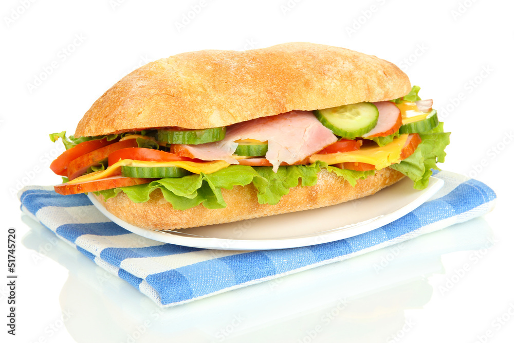 Fresh and tasty sandwich with ham and vegetables isolated Fresh and tasty sandwich with ham and vegetables isolated