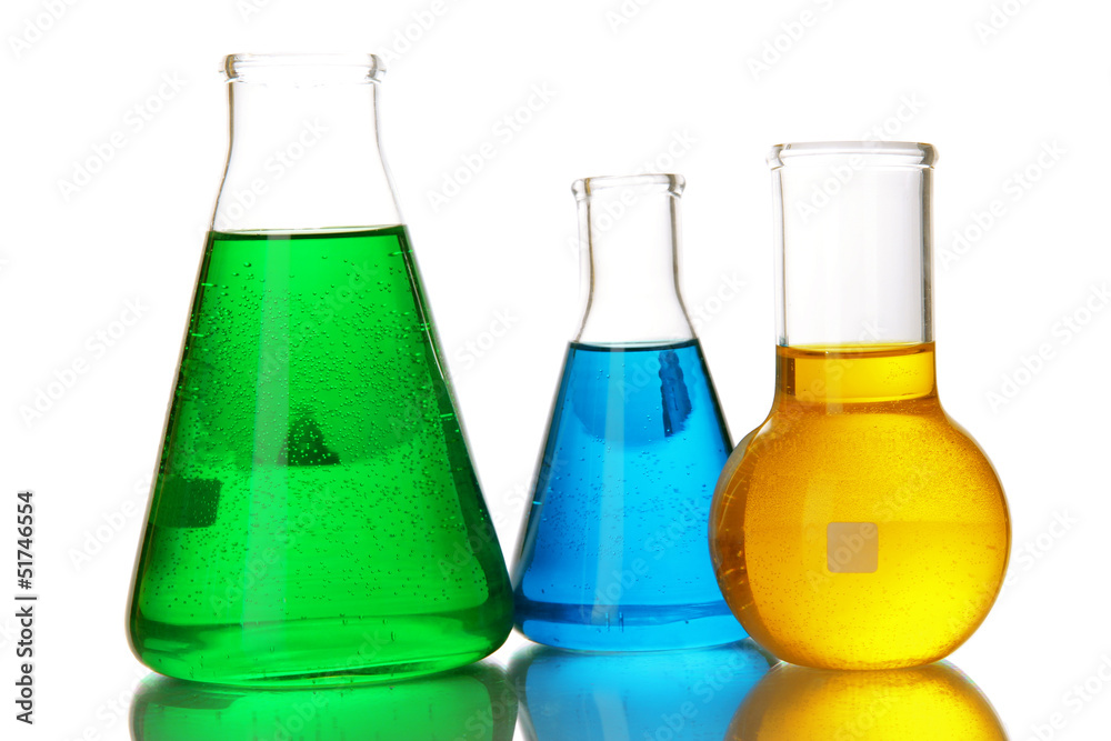 Test tubes with colorful liquids isolated on white Test tubes with colorful liquids isolated on white