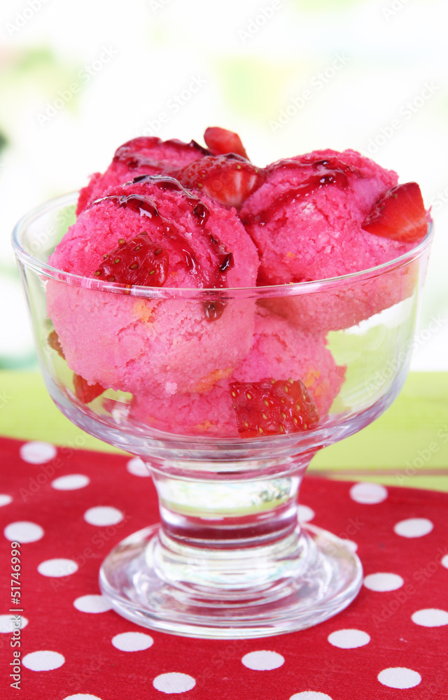 Delicious ice cream on table on bright background Delicious ice cream on table on bright background