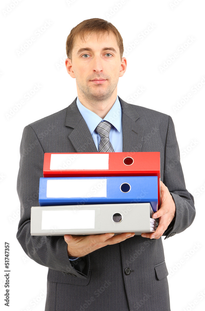 Young businessman with folders isolated on white. Young businessman with folders isolated on white.