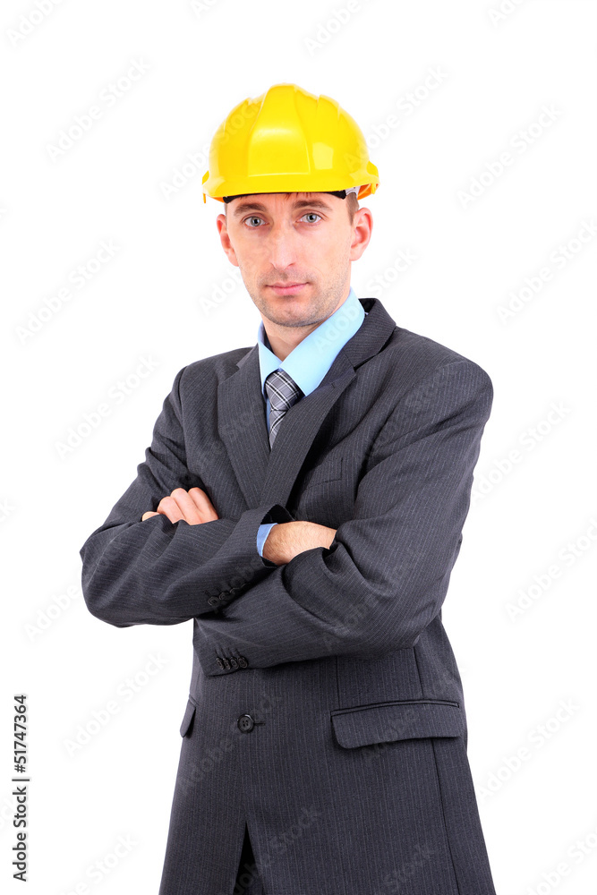 Young businessman in helmet isolated on white. Young businessman in helmet isolated on white.