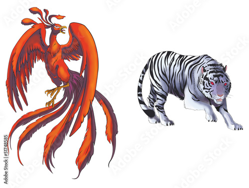 4 Chinese mythical creature gods set 1 - Tiger and Phoenix