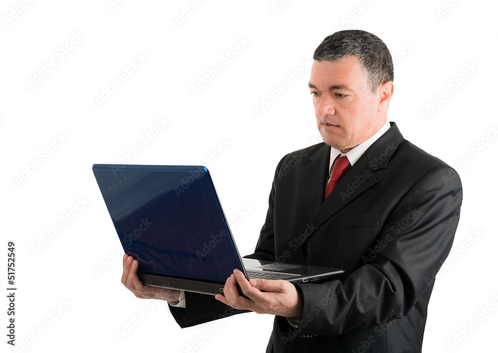 Older businessman with a laptop isolated on white background Older businessman with a laptop isolated on white background