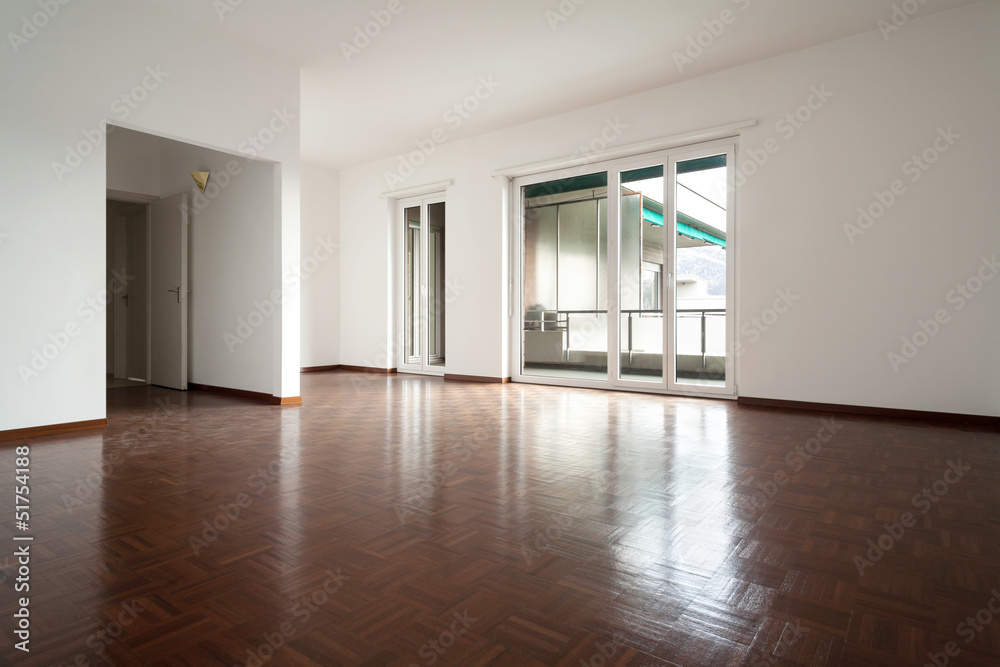 Fototapeta premium Interior empty, white walls parquet floor