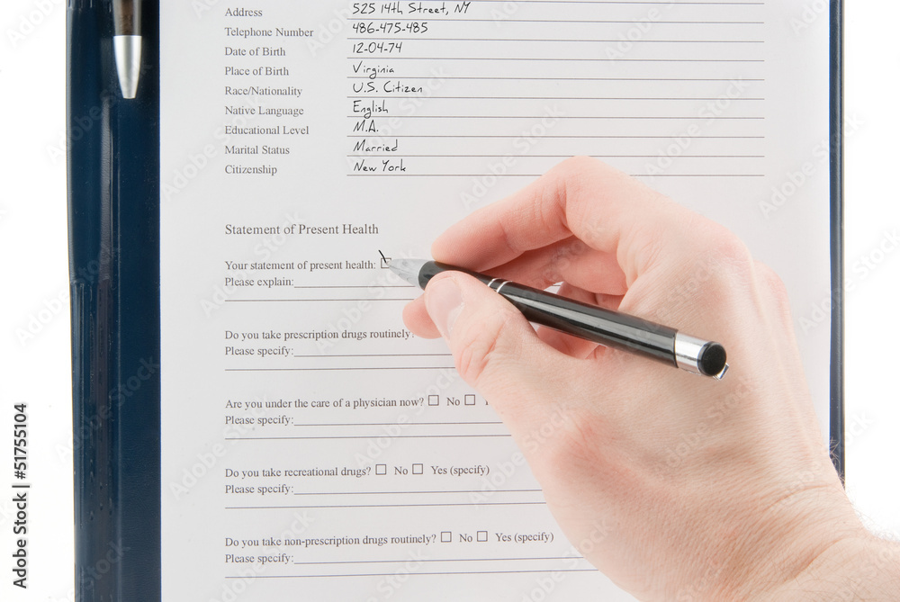 Doctor filling in medical questionnaire isolated Doctor filling in medical questionnaire isolated
