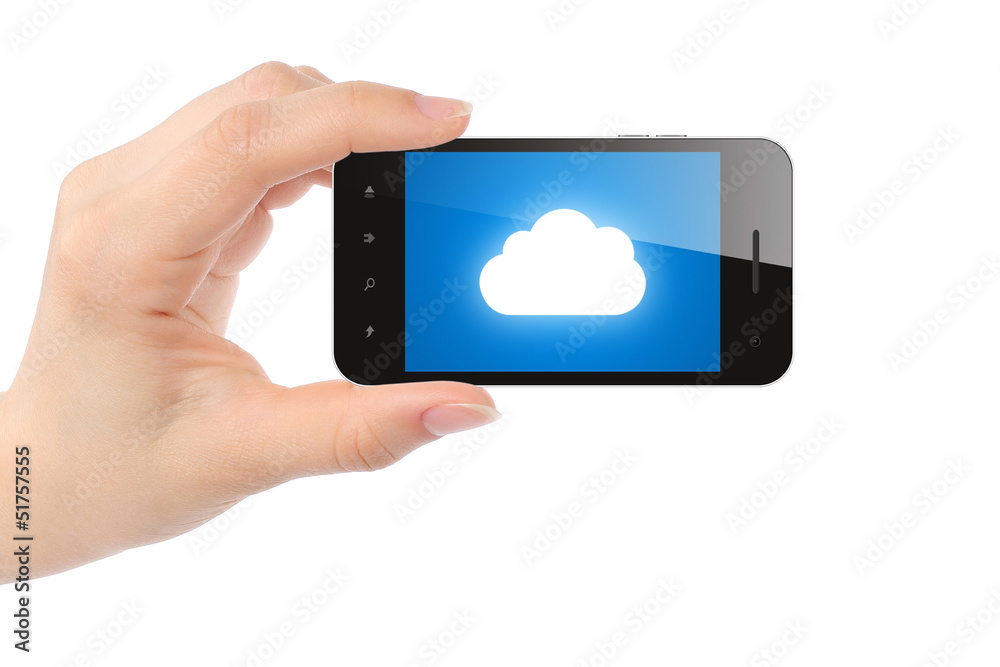 Woman hand holds smart phone with cloud computing concept Woman hand holds smart phone with cloud computing concept