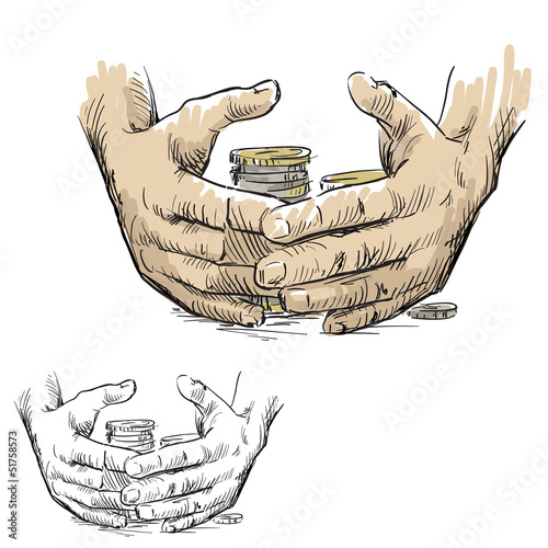 Hands hiding piles of coins