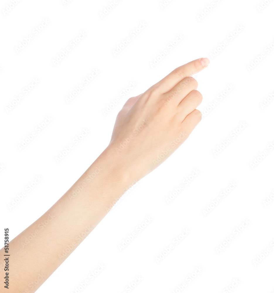 Woman hand touching virtual screen. Isolated on white. Woman hand touching virtual screen. Isolated on white.