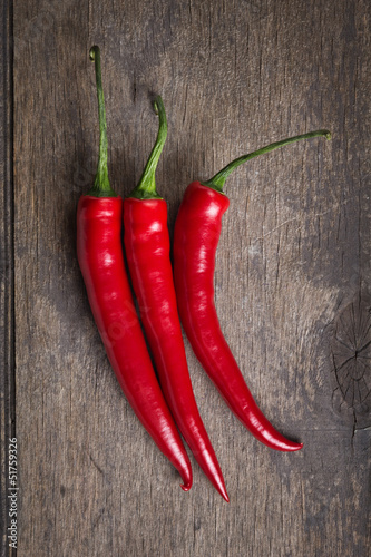 red chili pepper on old wooden table from above