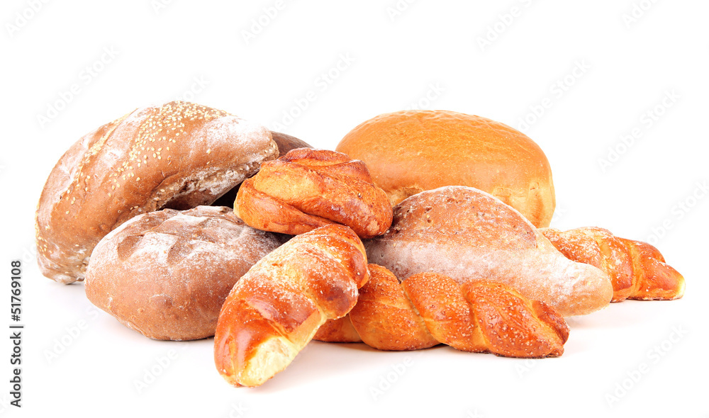 Composition with bread and rolls, isolated on white Composition with bread and rolls, isolated on white