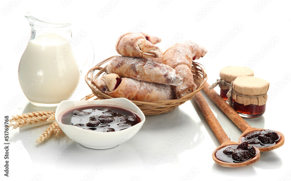 Taste croissants in basket and jam isolated on white. Taste croissants in basket and jam isolated on white.