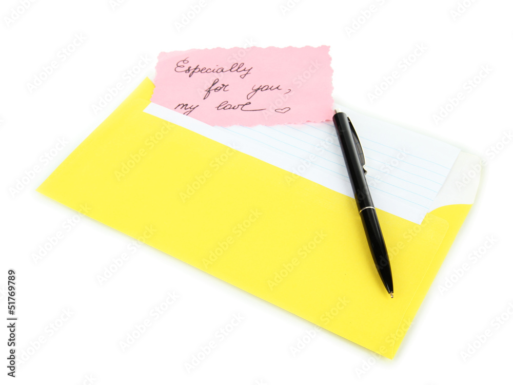 Note in envelope with pen isolated on white Note in envelope with pen isolated on white