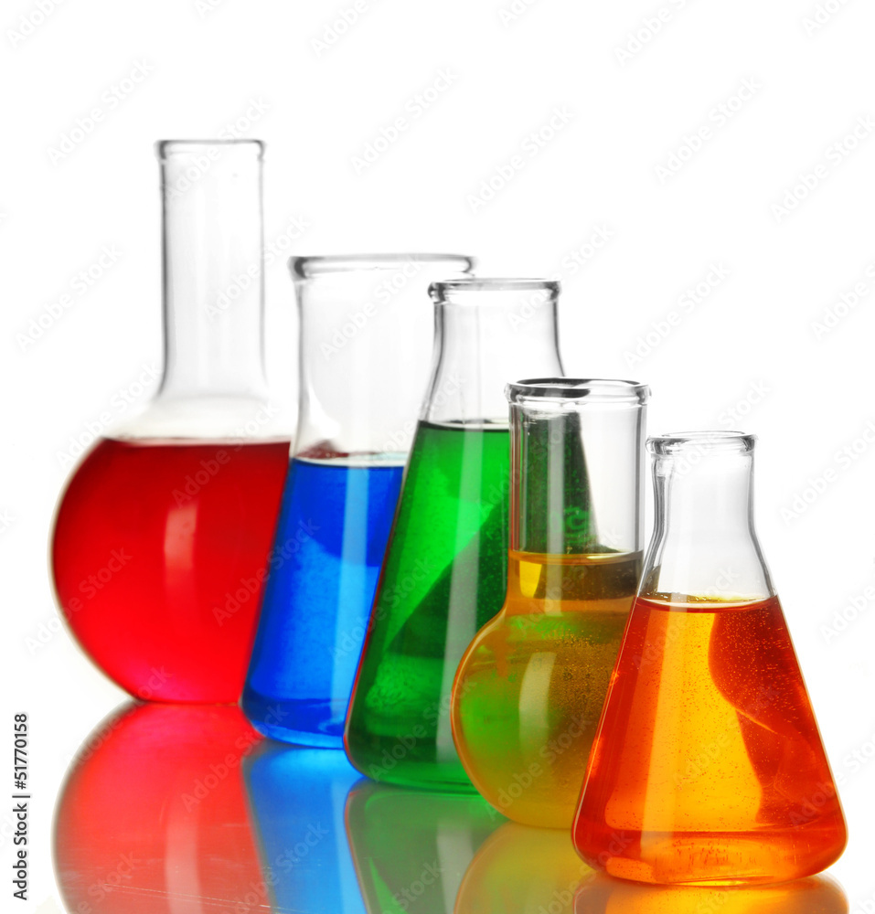 Test tubes with colorful liquids isolated on white Test tubes with colorful liquids isolated on white