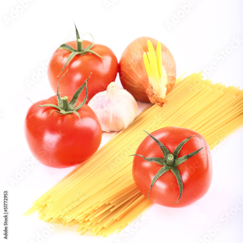Pasta ingredients on white background