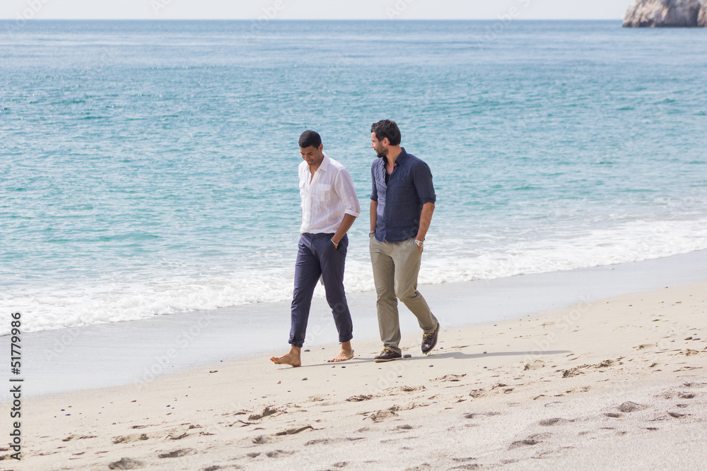Couple of handsome friends, walking in a seaside