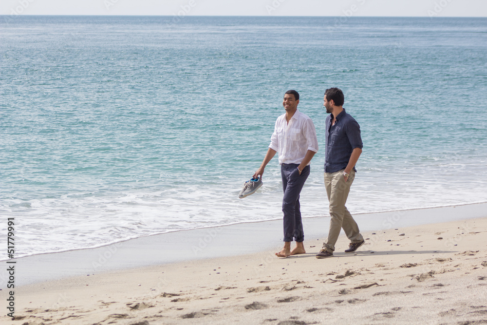 Couple of handsome friends, walking in a seaside