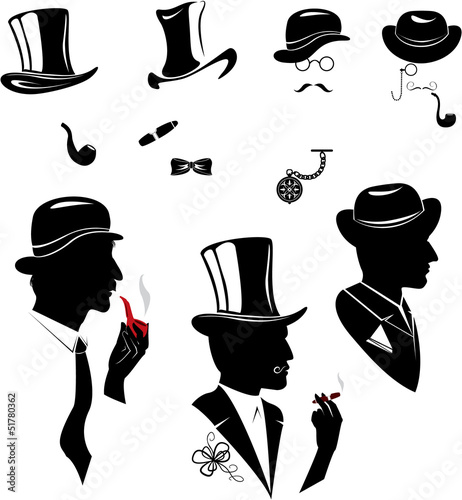 Men silhouettes  smoking cigar and pipe in vintage style isolate