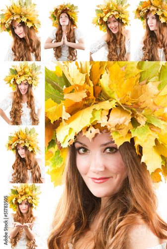 Collage of portrait of girl with  autumn wreath