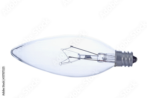 Side view of clear tungsten light bulb.