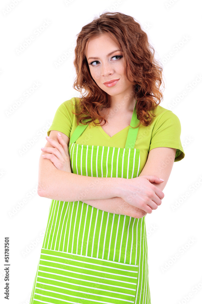 Young woman wearing kitchen apron, isolated on white Young woman wearing kitchen apron, isolated on white