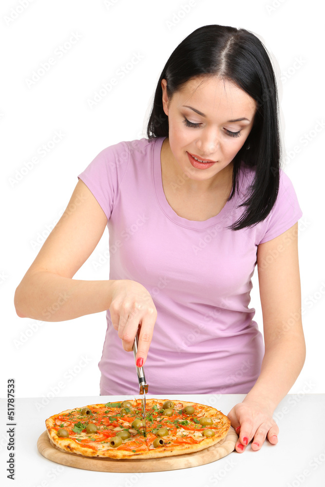 Beautiful girl cut pizza isolated on white Beautiful girl cut pizza isolated on white