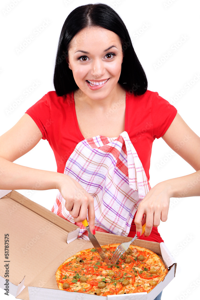 Beautiful girl eats pizza isolated on white Beautiful girl eats pizza isolated on white