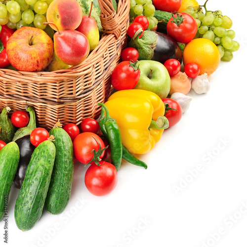 fruit and vegetable in basket on white