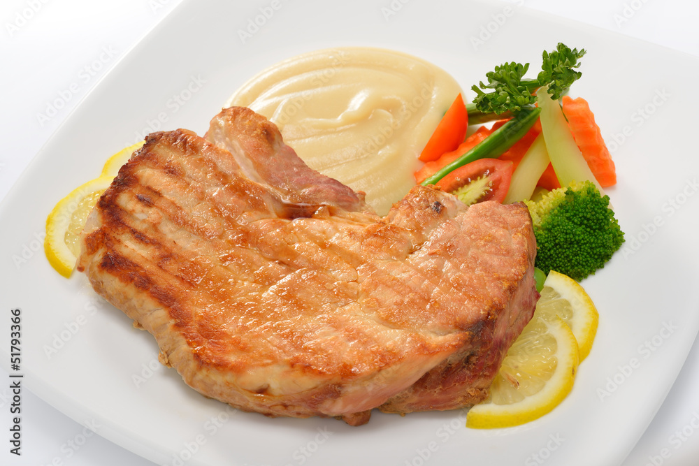 Pork steak with vegetables and mashed potatoes Pork steak with vegetables and mashed potatoes