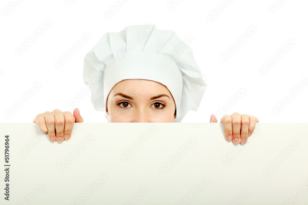 Happy woman cook or baker holding over paper Happy woman cook or baker holding over paper