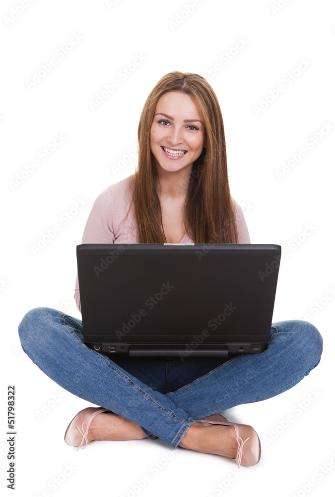 Young Woman Working On Laptop Over White Background Young Woman Working On Laptop Over White Background