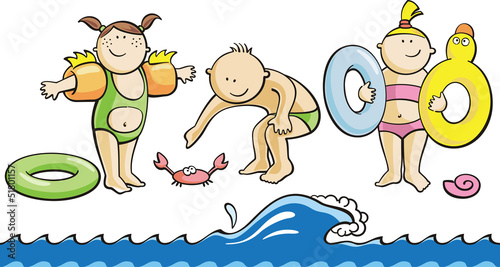 cartoon illustration with fun children on a beach