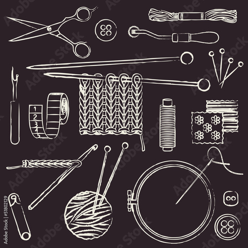 Hand drawn chalk stroked sewing and needlework symbols